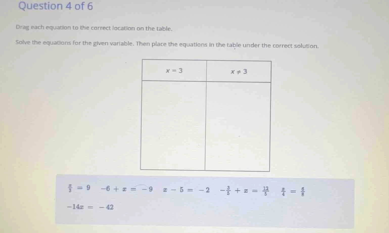 question 4 of 6 drag each equation to the correct location on the table…