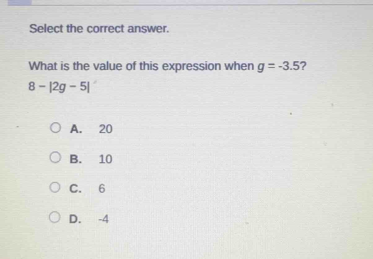 select the correct answer. what is the value of this expression when g …