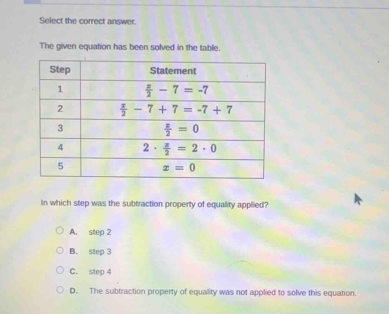 select the correct answer. the given equation has been solved in the ta…