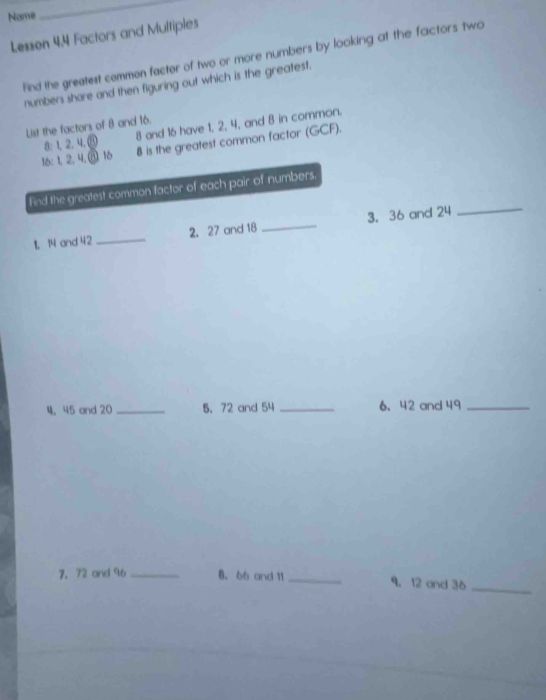 name lesson 4.4 factors and multiples find the greatest common factor o…