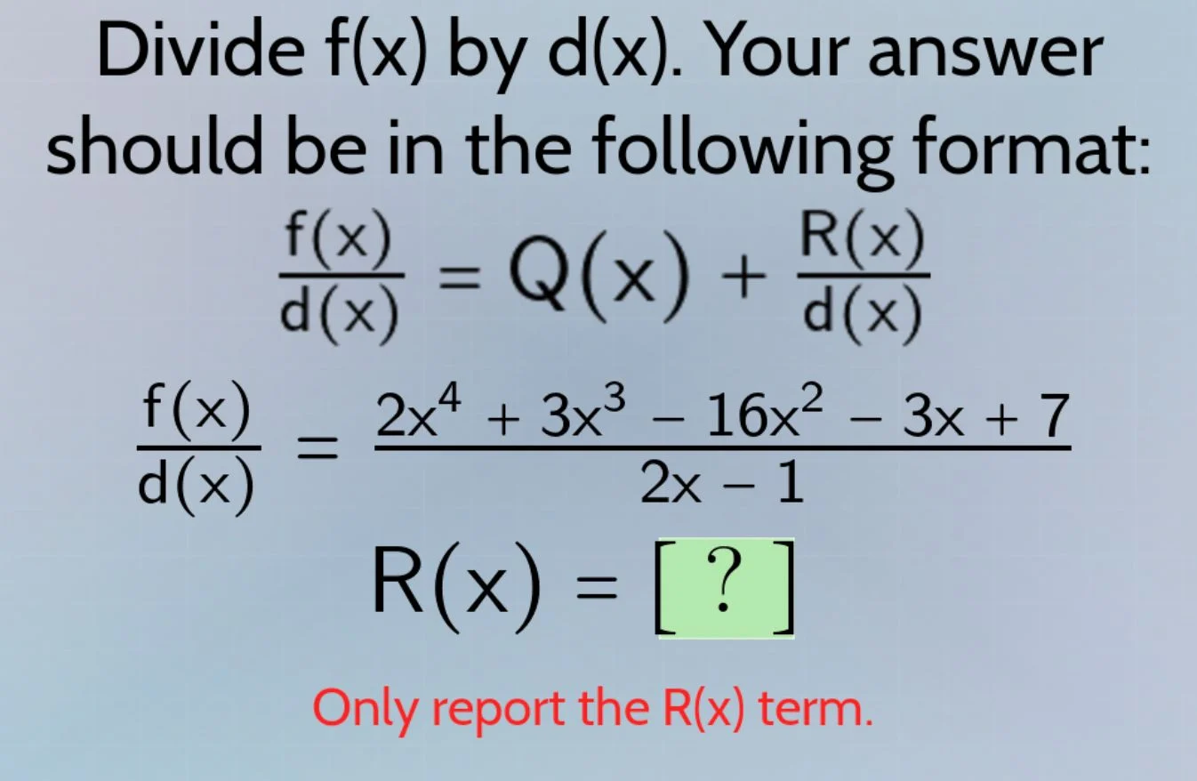 divide f(x) by d(x). your answer should be in the following format: \\(…