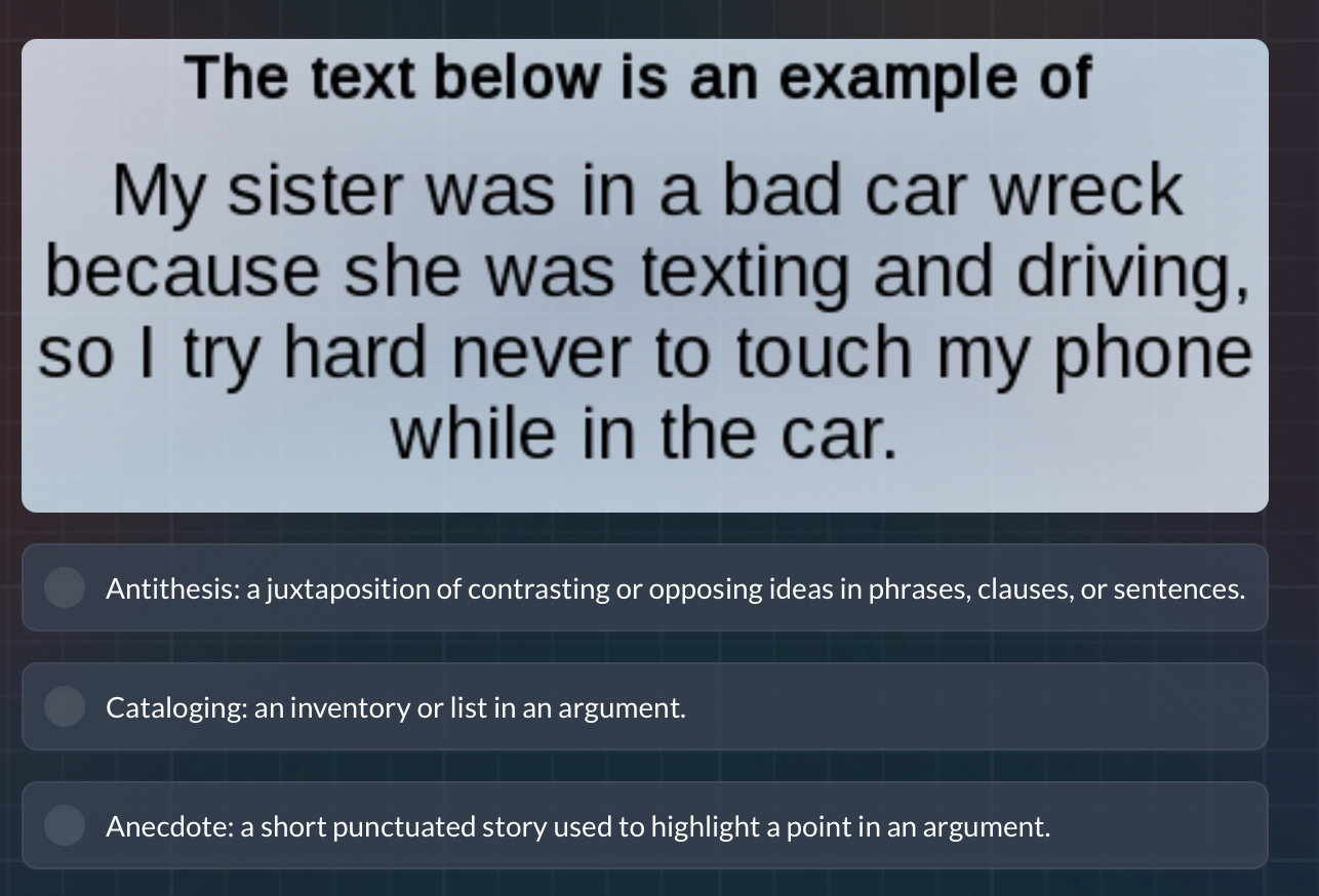 the text below is an example of my sister was in a bad car wreck becaus…