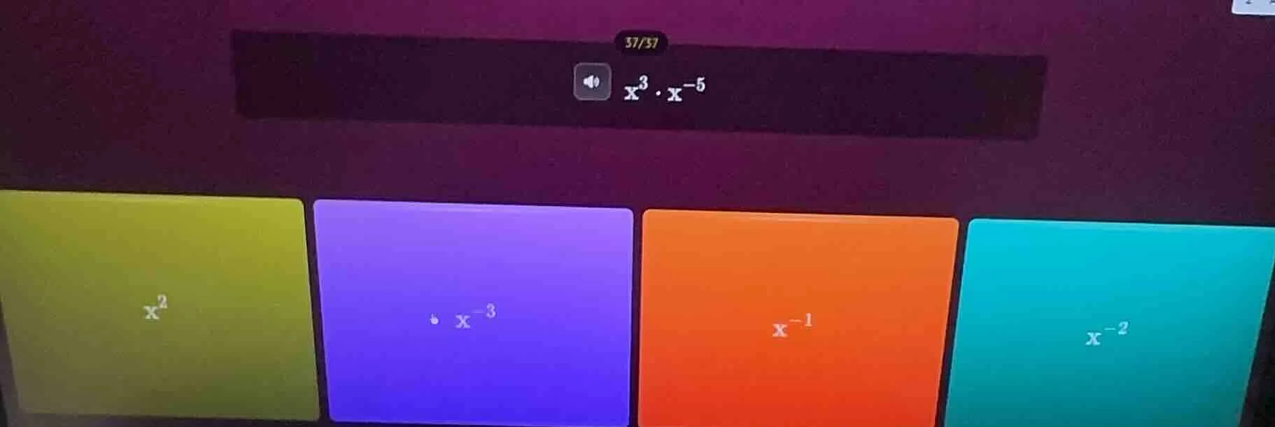 x³·x⁻⁵, options: x², x⁻³, x⁻¹, x⁻²