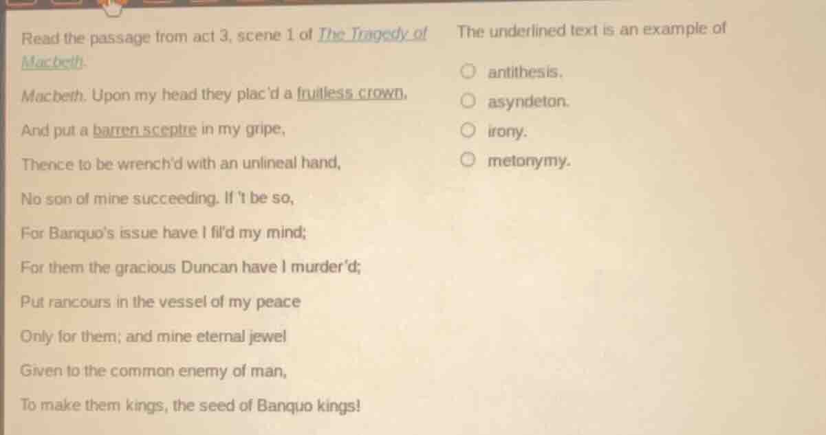 read the passage from act 3, scene 1 of the tragedy of macbeth. macbeth…