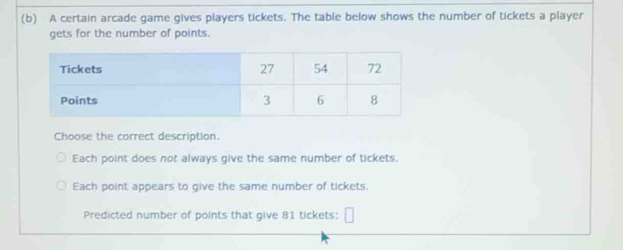(b) a certain arcade game gives players tickets. the table below shows …