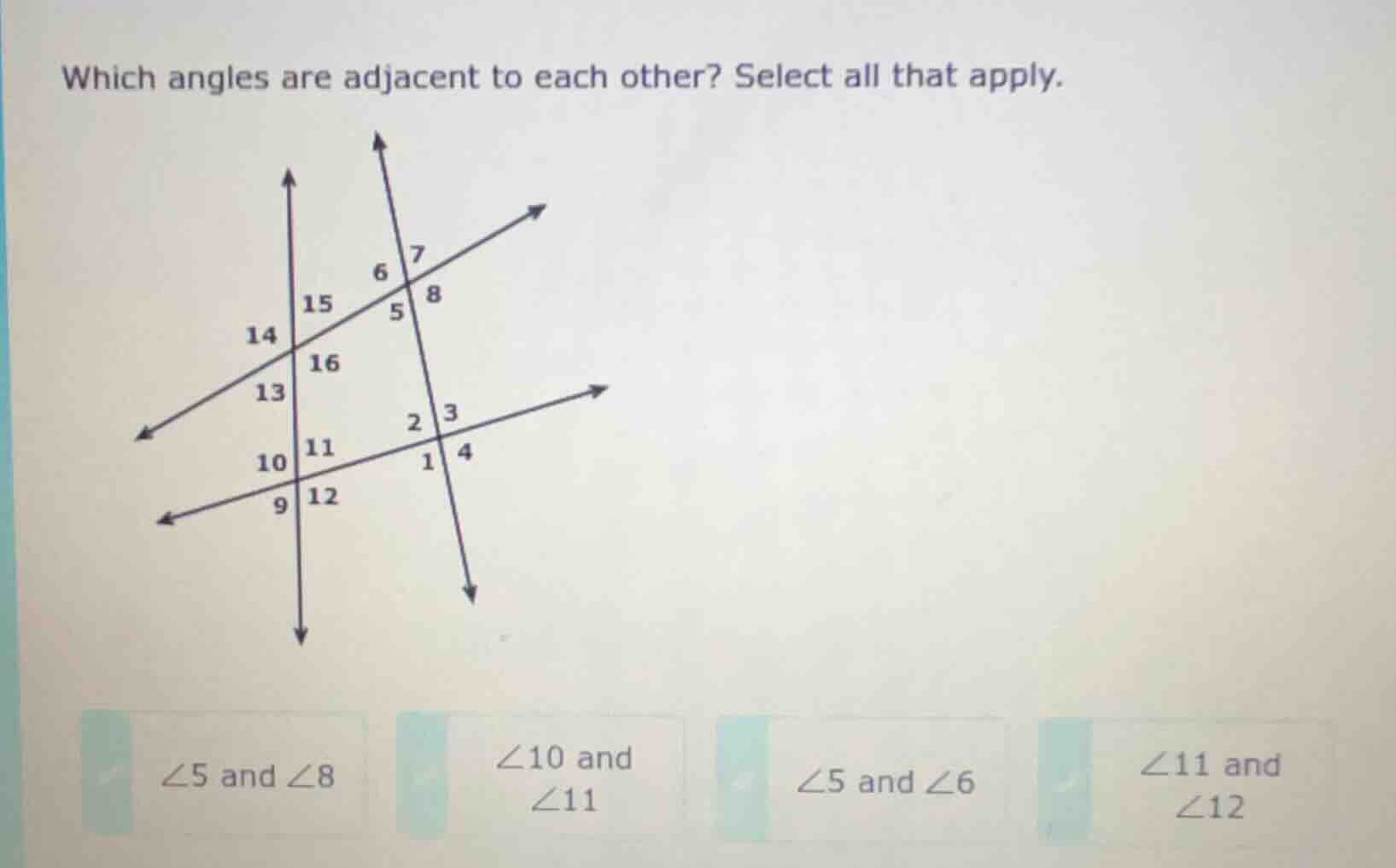 which angles are adjacent to each other? select all that apply. image o…
