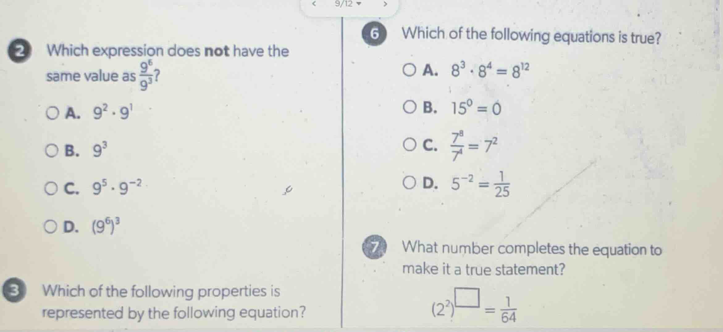 2 which expression does not have the same value as \\(\\frac{9^6}{9^3}\…