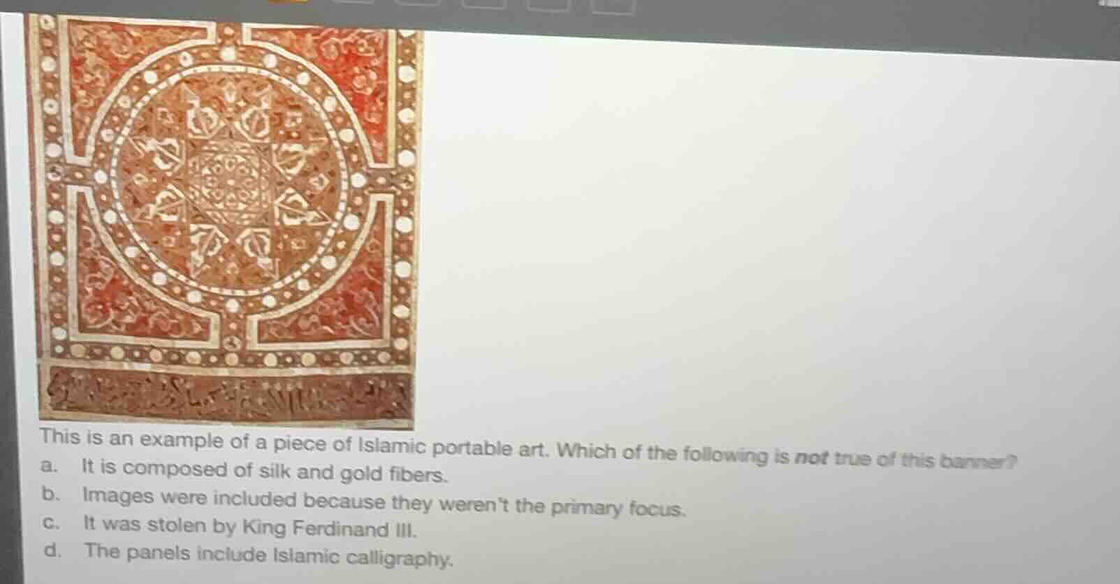 this is an example of a piece of islamic portable art. which of the fol…