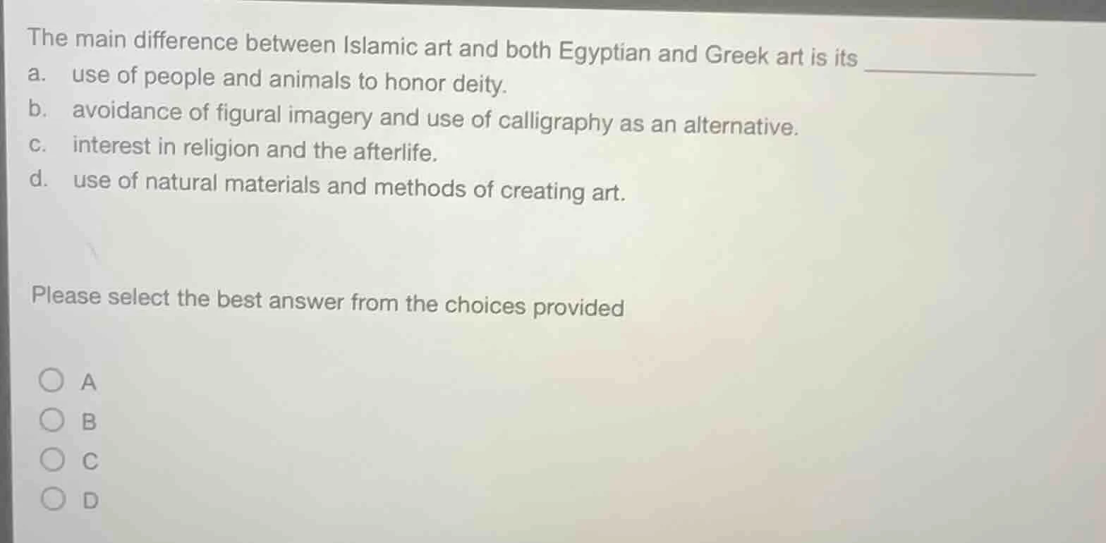 the main difference between islamic art and both egyptian and greek art…