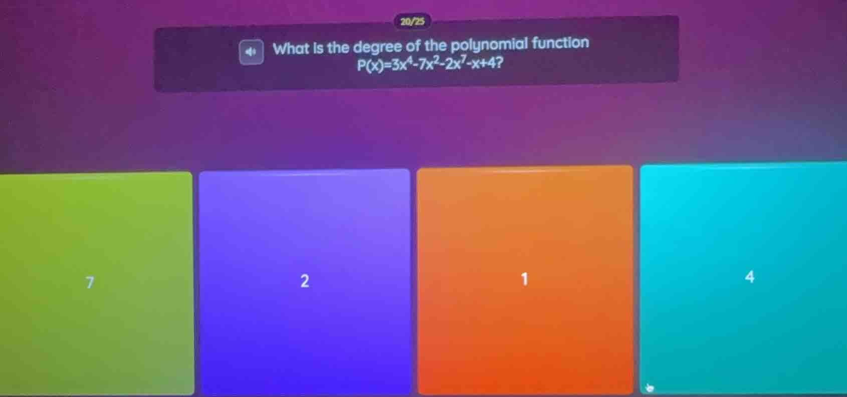 what is the degree of the polynomial function p(x)=3x⁴ - 7x² - 2x⁷ - x …