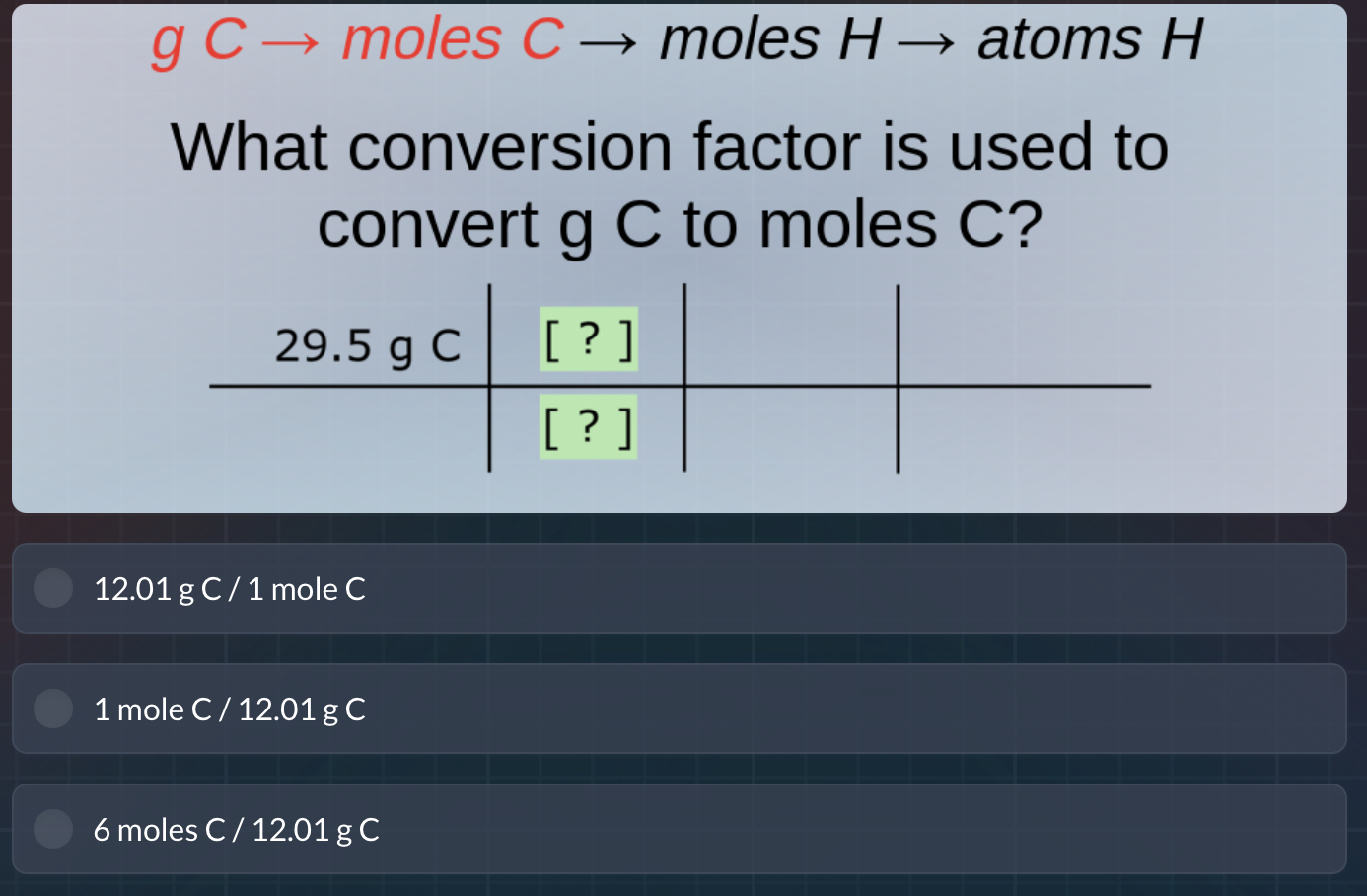 g c → moles c → moles h → atoms h what conversion factor is used to con…