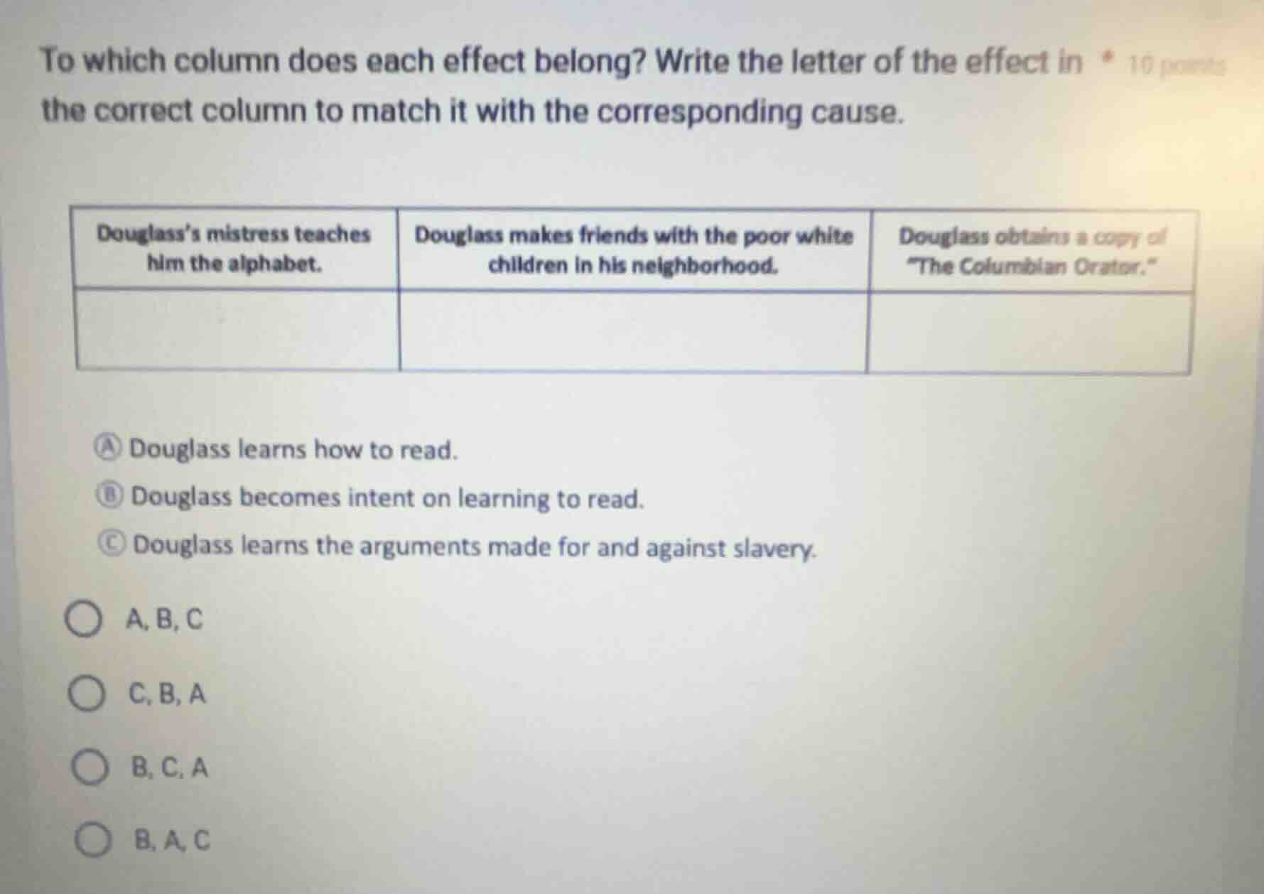 to which column does each effect belong? write the letter of the effect…