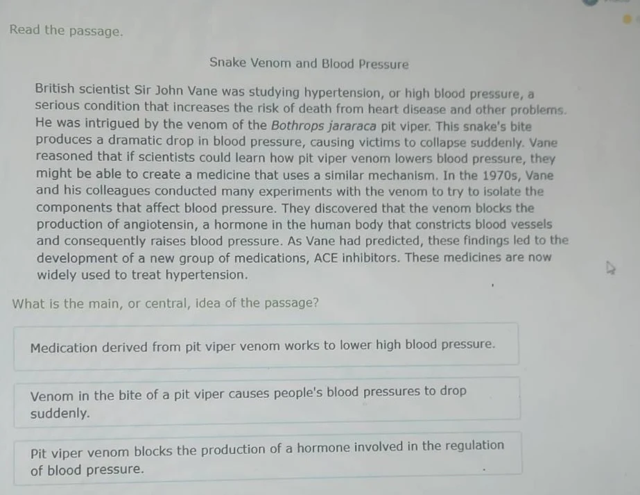 read the passage. snake venom and blood pressure british scientist sir …