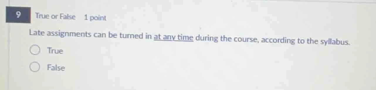 9 true or false 1 point late assignments can be turned in at any time d…