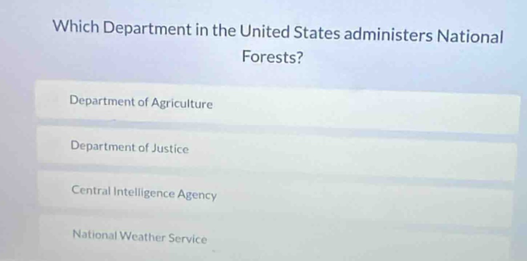 which department in the united states administers national forests? dep…