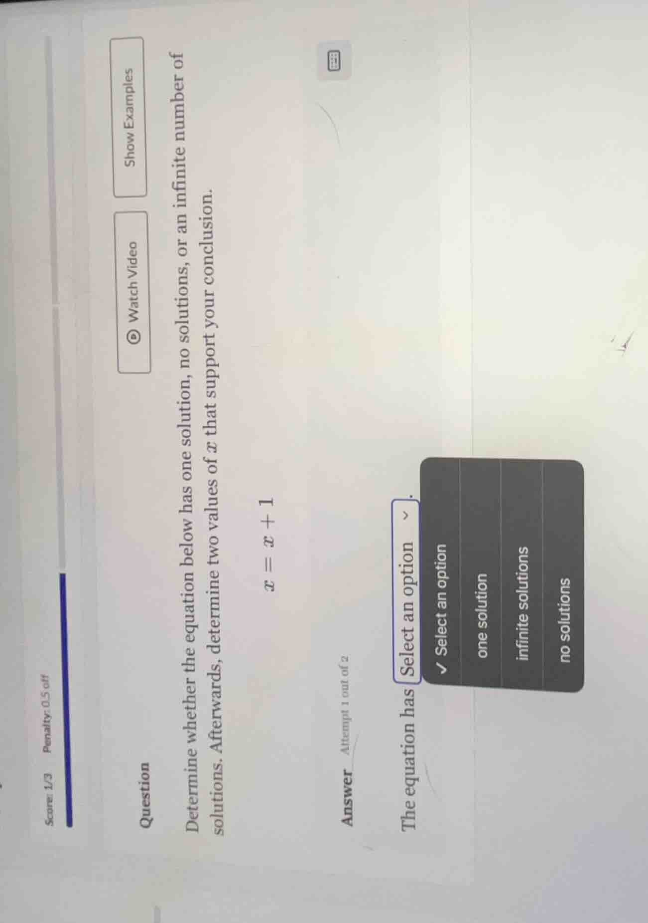 question determine whether the equation below has one solution, no solu…