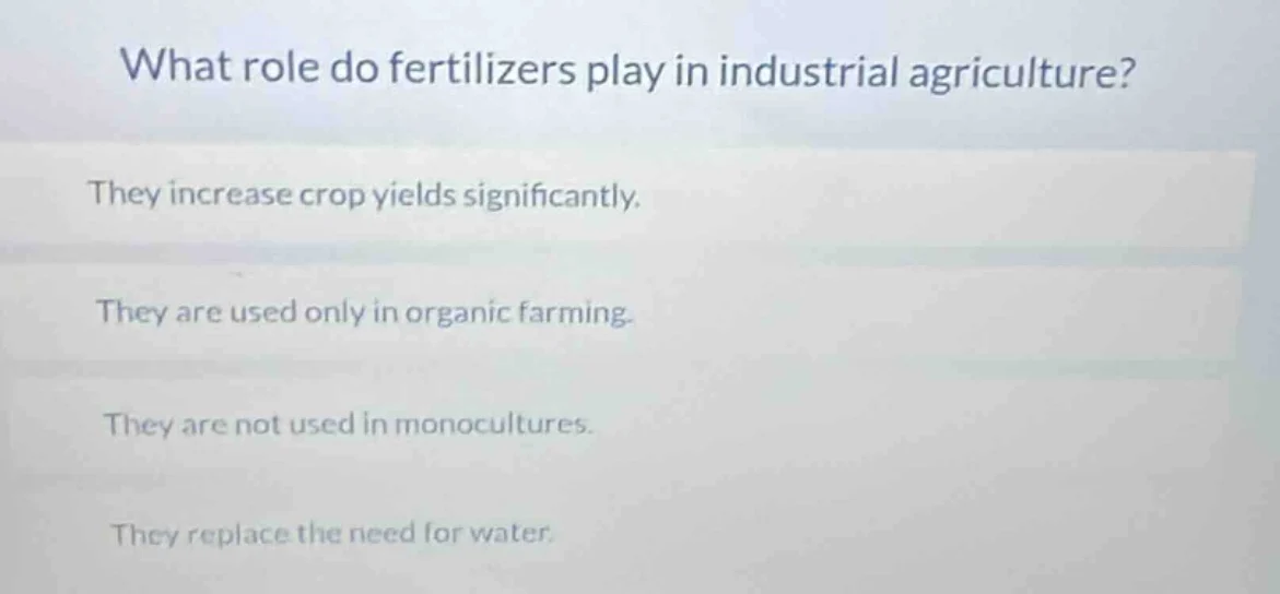 what role do fertilizers play in industrial agriculture? they increase …