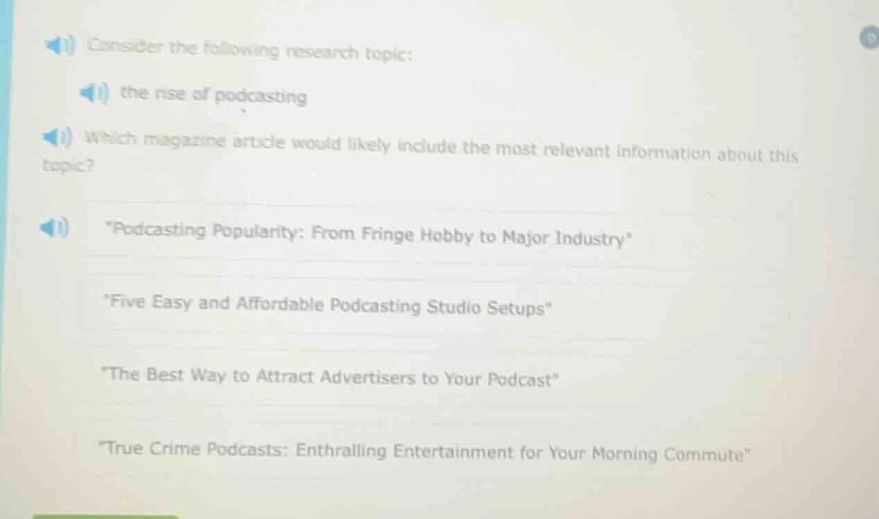 consider the following research topic: the rise of podcasting which mag…