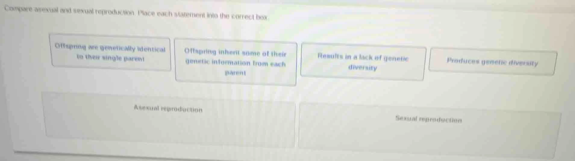 compare asexual and sexual reproduction. place each statement into the …
