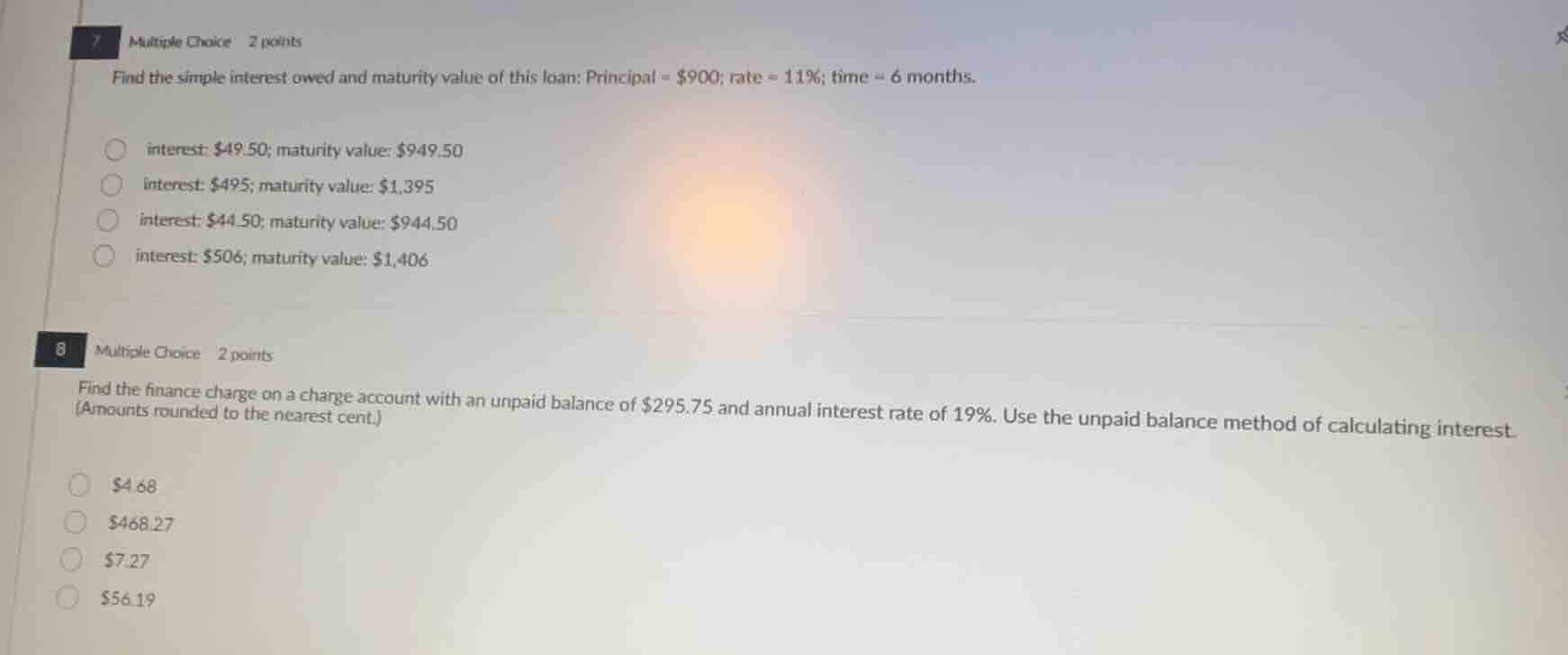 7 multiple choice 2 points find the simple interest owed and maturity v…