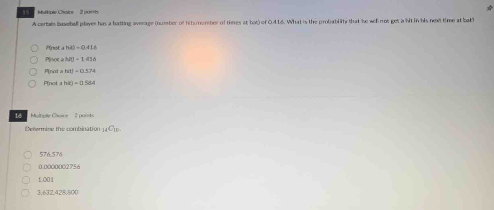 15 multiple choice 2 points a certain baseball player has a batting ave…