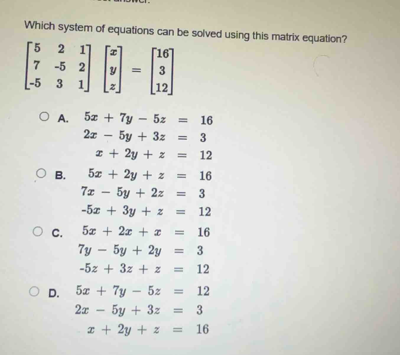 which system of equations can be solved using this matrix equation? \\(…