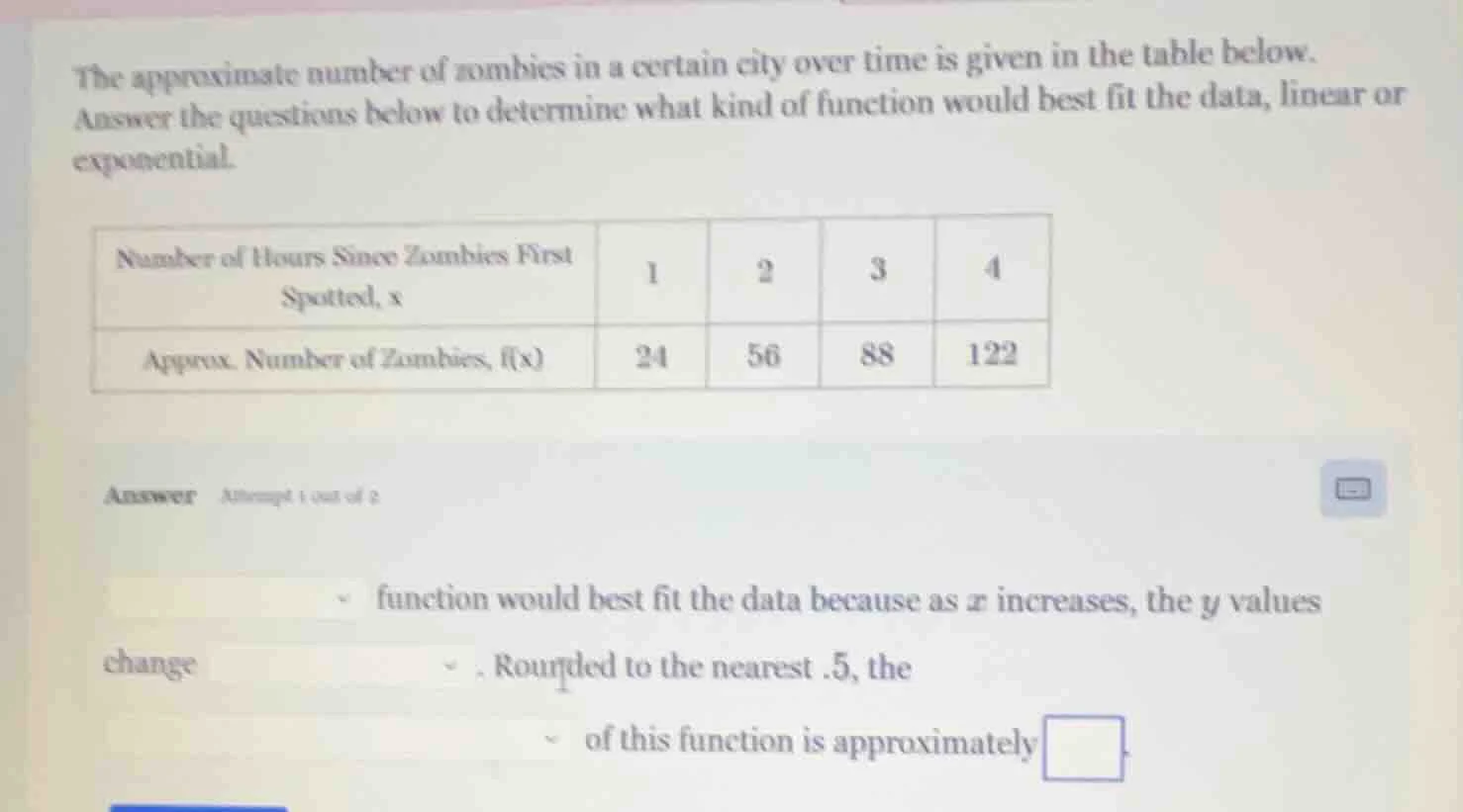 the approximate number of zombies in a certain city over time is given …