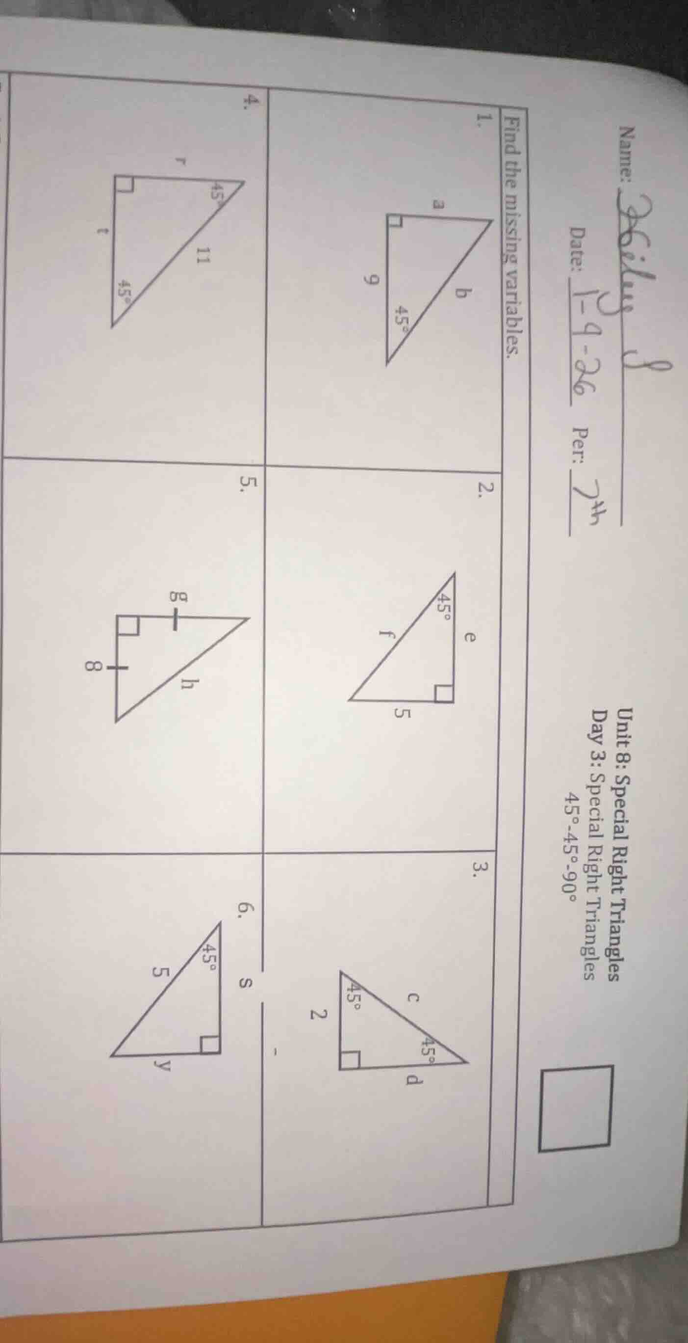 name: date: 1-4-26 per: 7th unit 8: special right triangles day 3: spec…