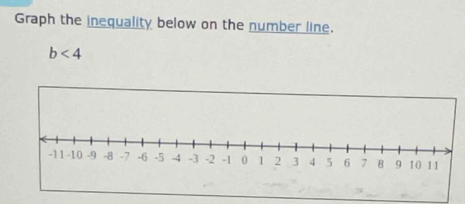graph the inequality below on the number line. $b < 4$ number line from…