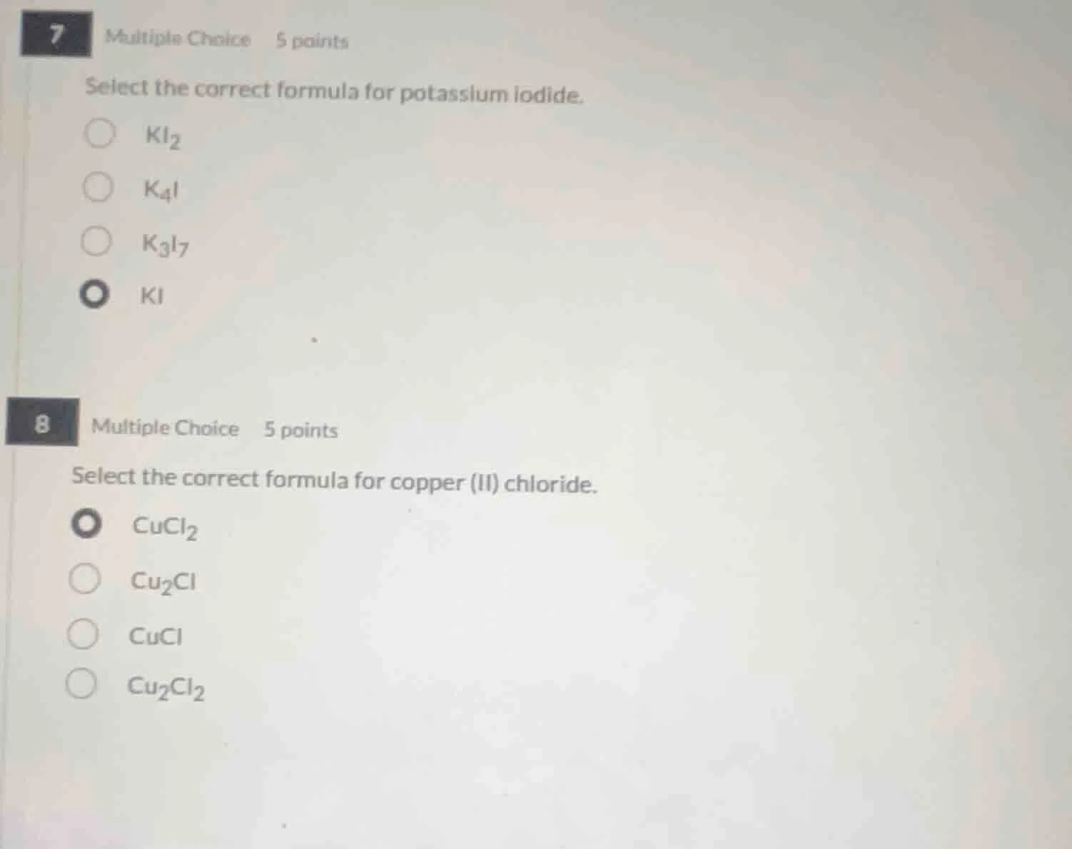 7 multiple choice 5 points select the correct formula for potassium iod…