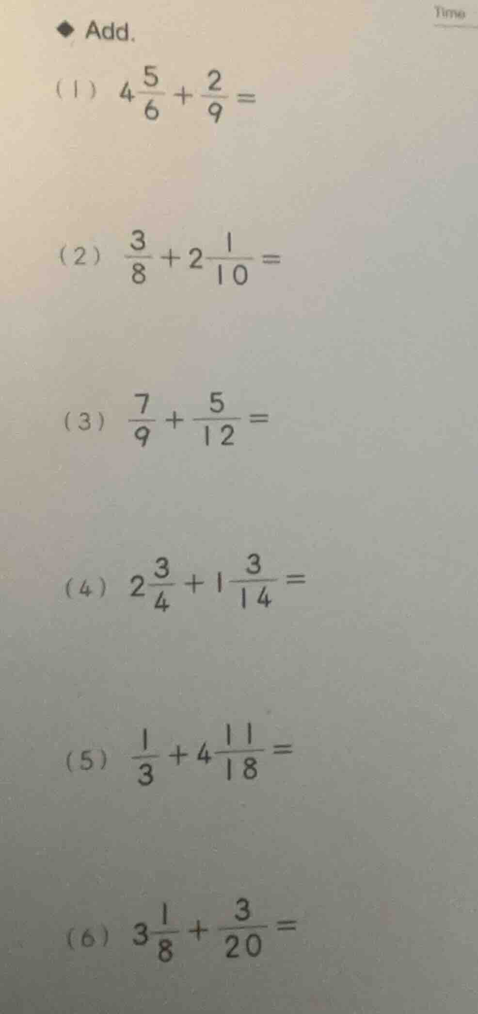 add. (1) $4\\frac{5}{6}+\\frac{2}{9}=$ (2) $\\frac{3}{8}+2\\frac{1}{10}…
