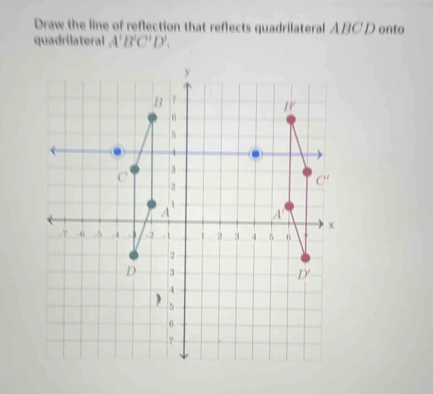 draw the line of reflection that reflects quadrilateral abcd onto quadr…