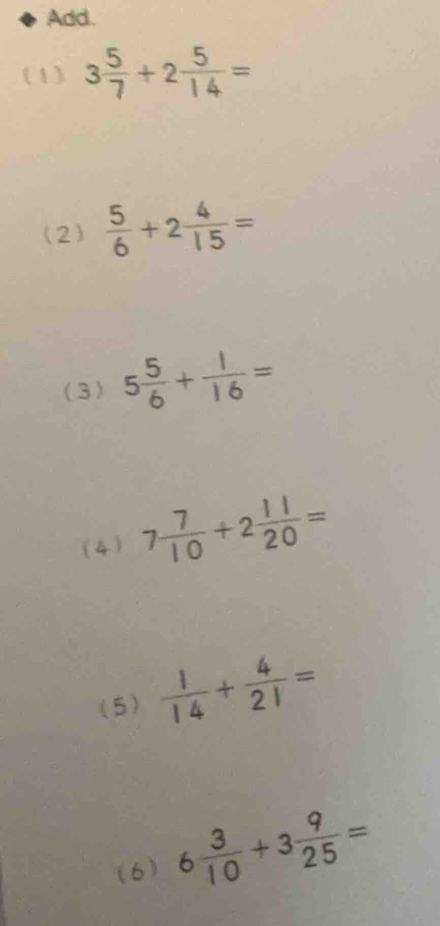 add. (1) $3\\frac{5}{7} + 2\\frac{5}{14} =$ (2) $\\frac{5}{6} + 2\\frac…