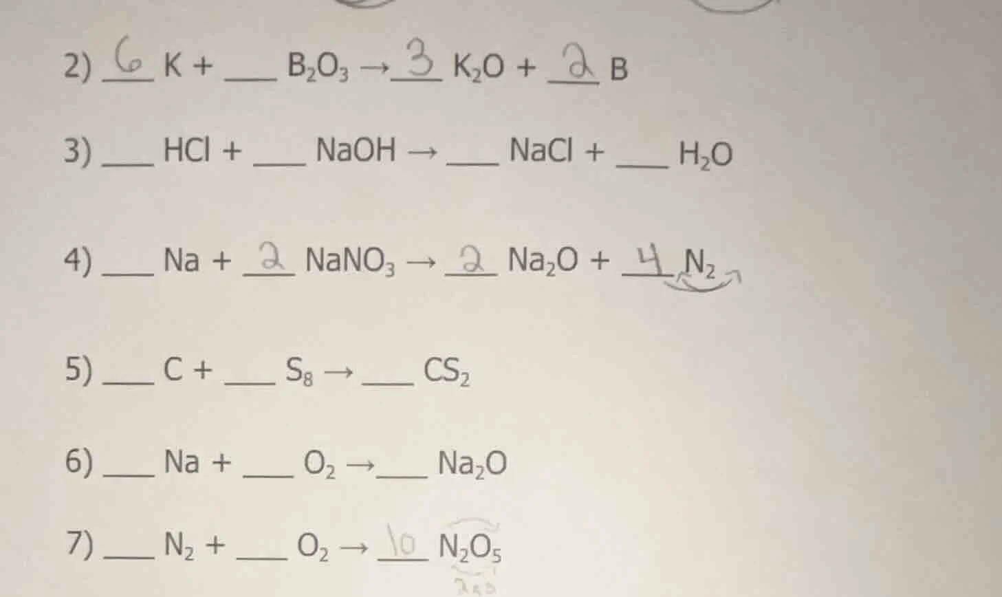 2) \\underline{6} k + \\underline{\\quad} b₂o₃ → \\underline{3} k₂o + \…