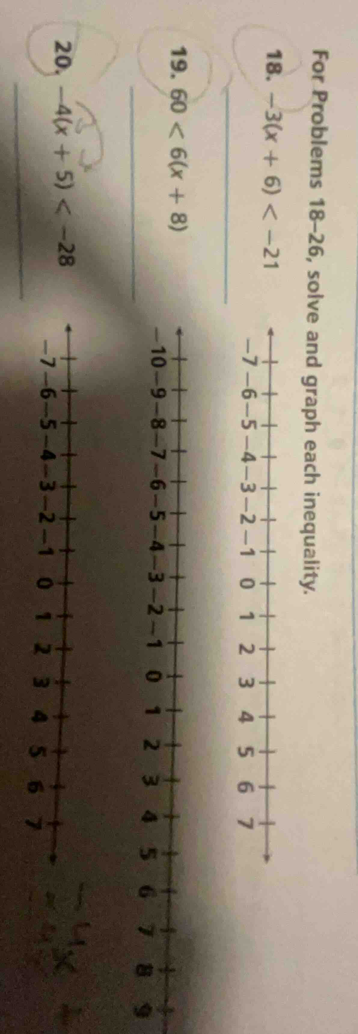 for problems 18-26, solve and graph each inequality. 18. $-3(x + 6) < -…