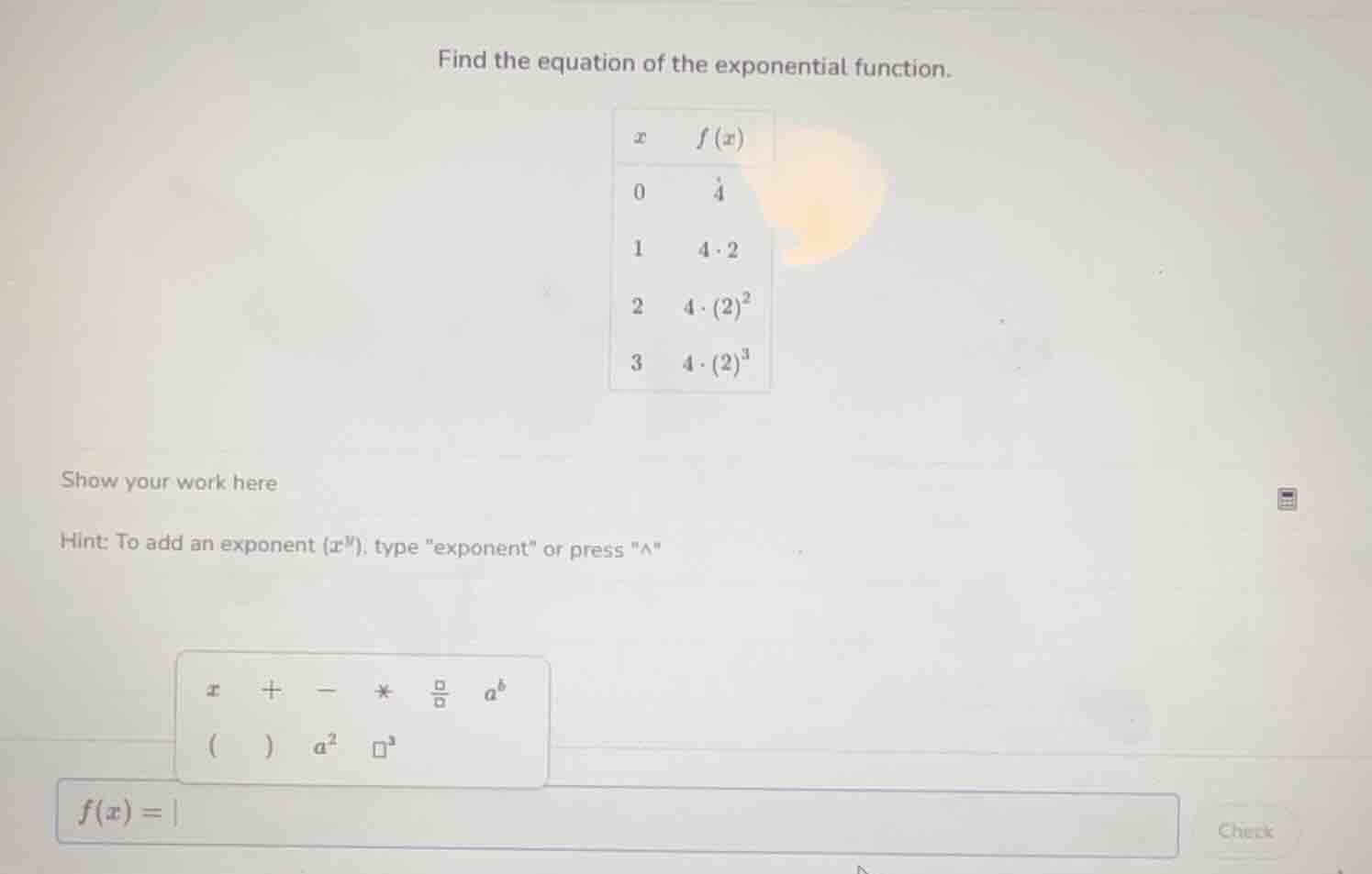 find the equation of the exponential function. | x | f(x) | |----|----|…