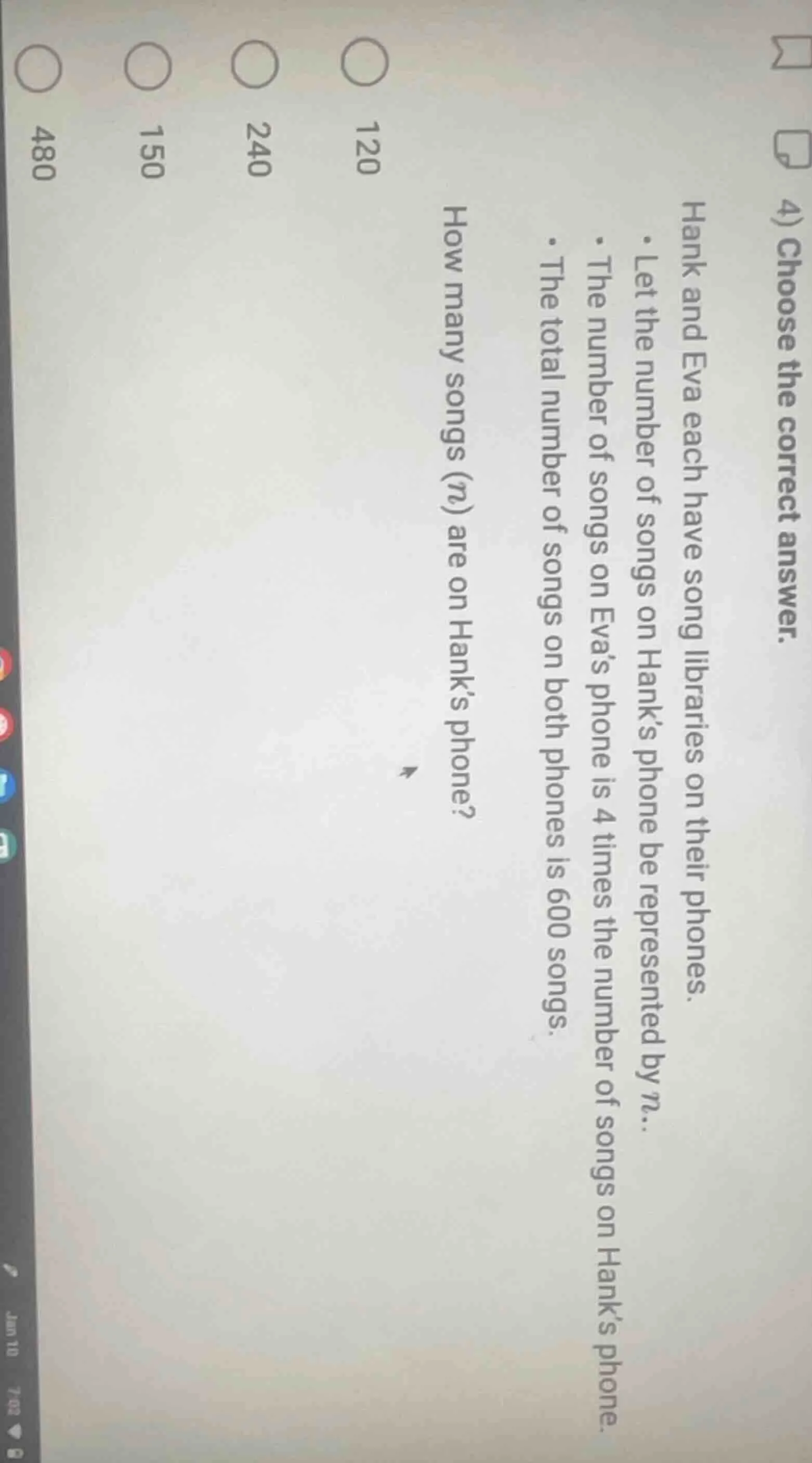 4) choose the correct answer. hank and eva each have song libraries on …