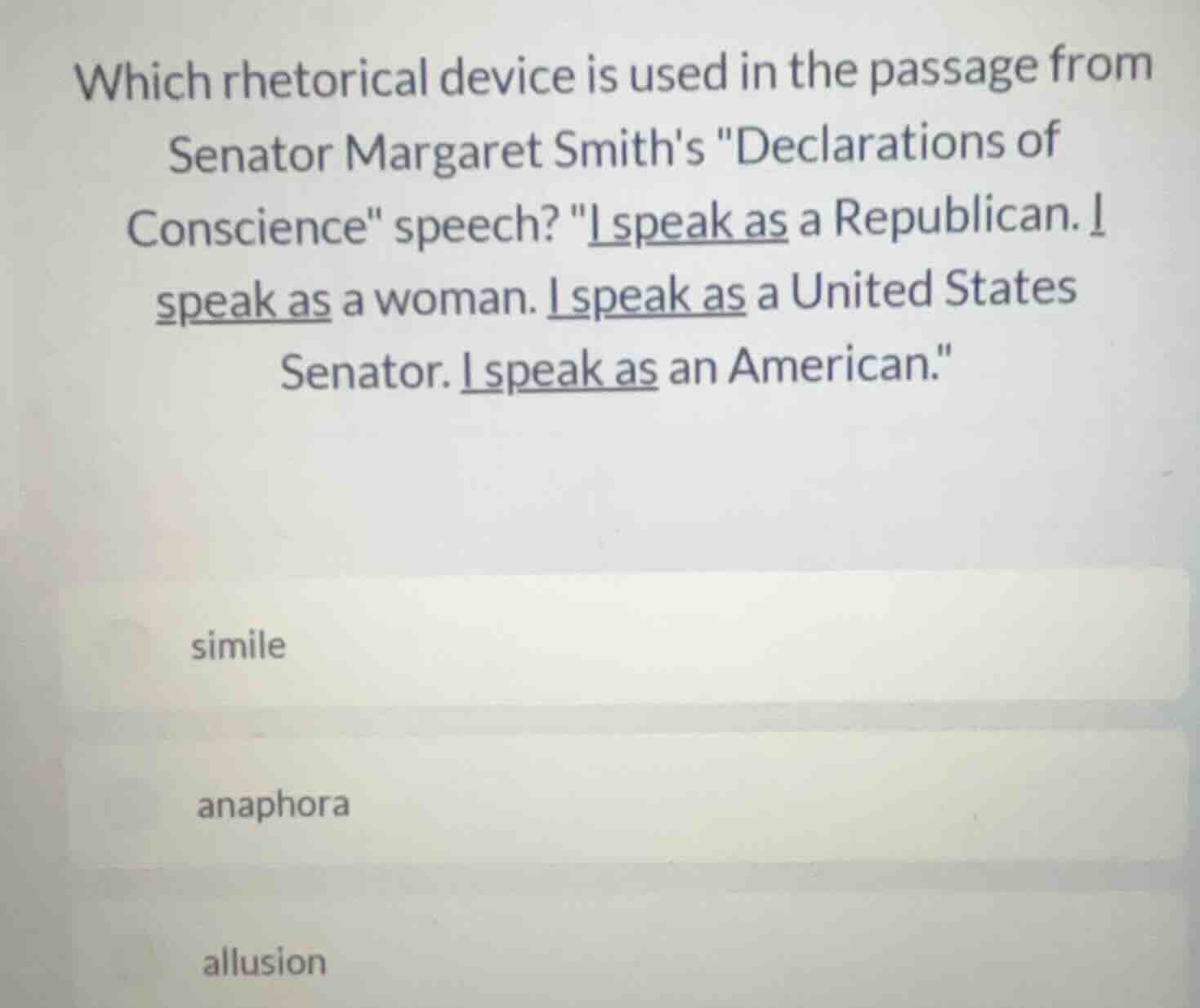 which rhetorical device is used in the passage from senator margaret sm…