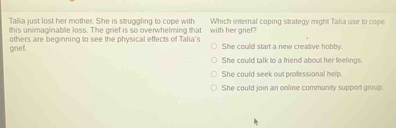 talia just lost her mother. she is struggling to cope with this unimagi…