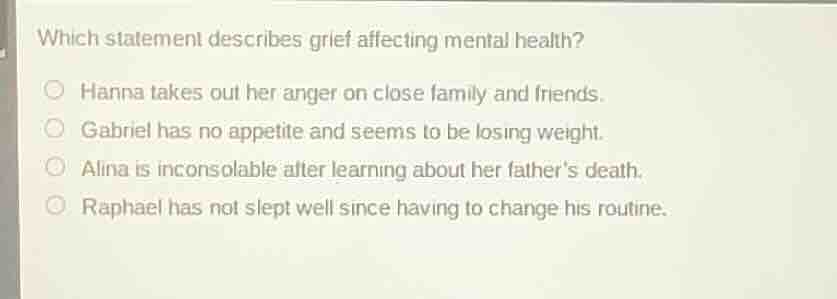 which statement describes grief affecting mental health? ○ hanna takes …