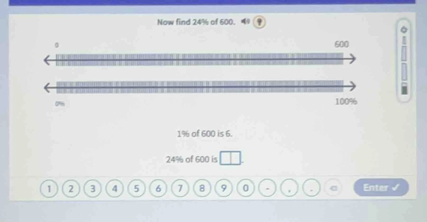 now find 24% of 600. 0 600 0% 100% 1% of 600 is 6. 24% of 600 is (there…