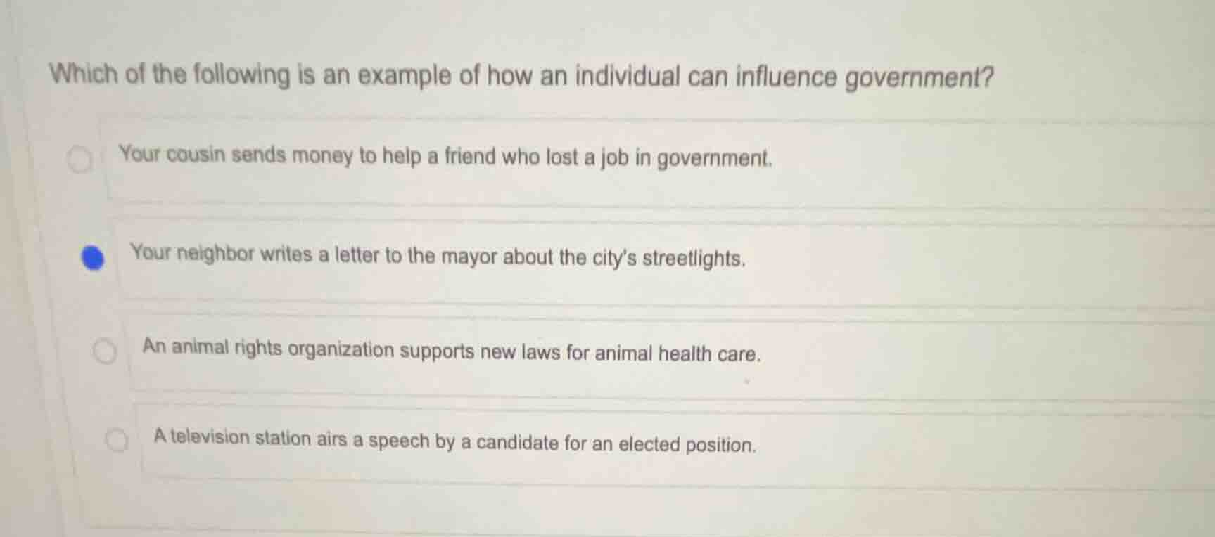 which of the following is an example of how an individual can influence…
