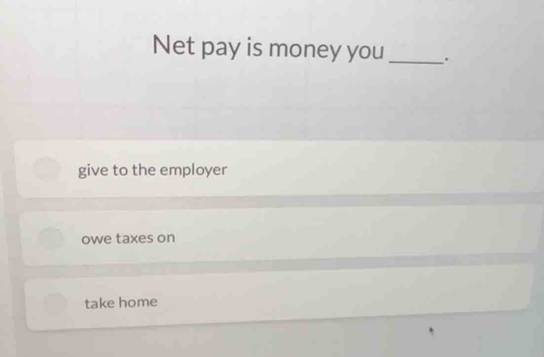 net pay is money you ______. - give to the employer - owe taxes on - ta…