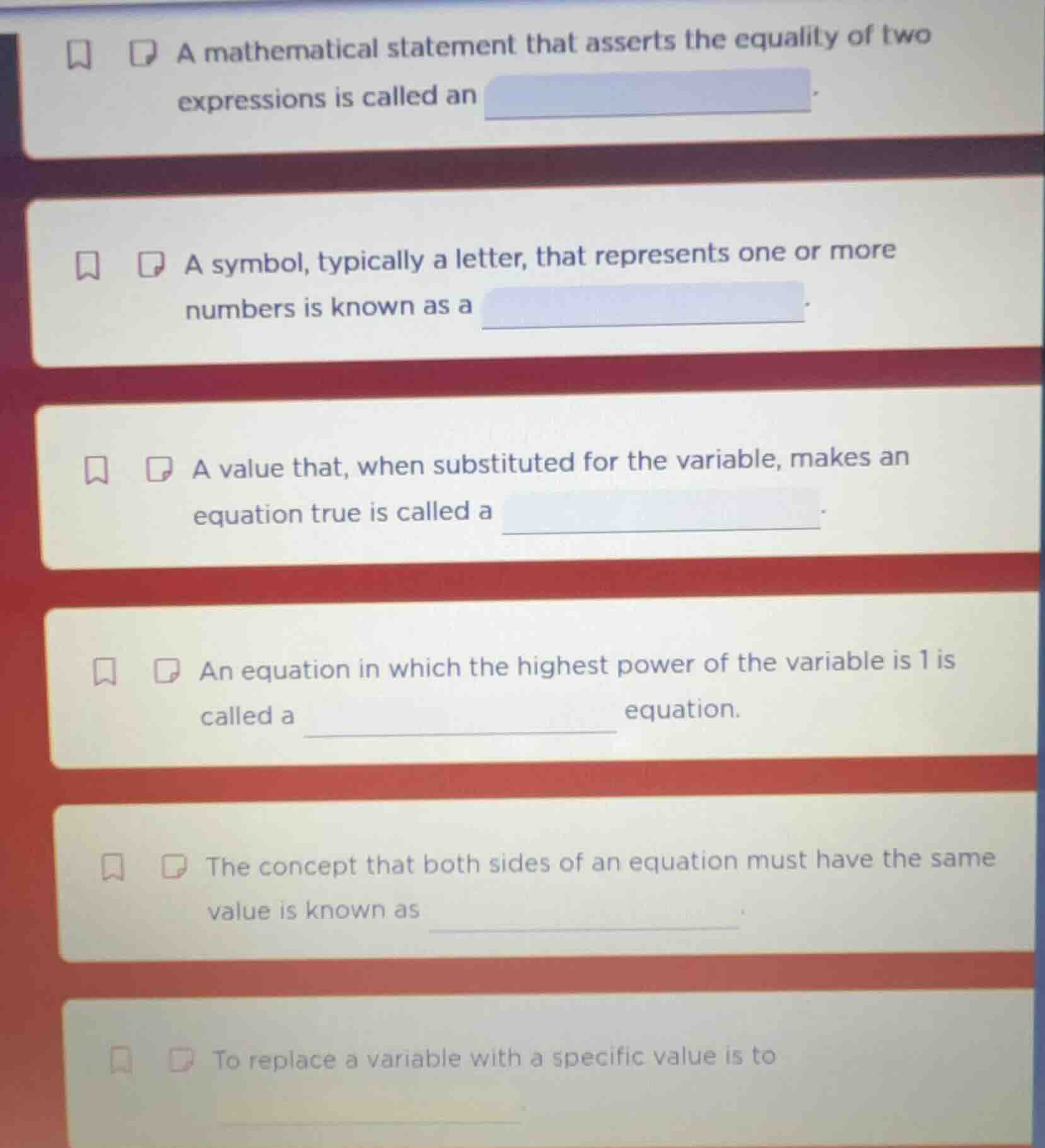a mathematical statement that asserts the equality of two expressions i…