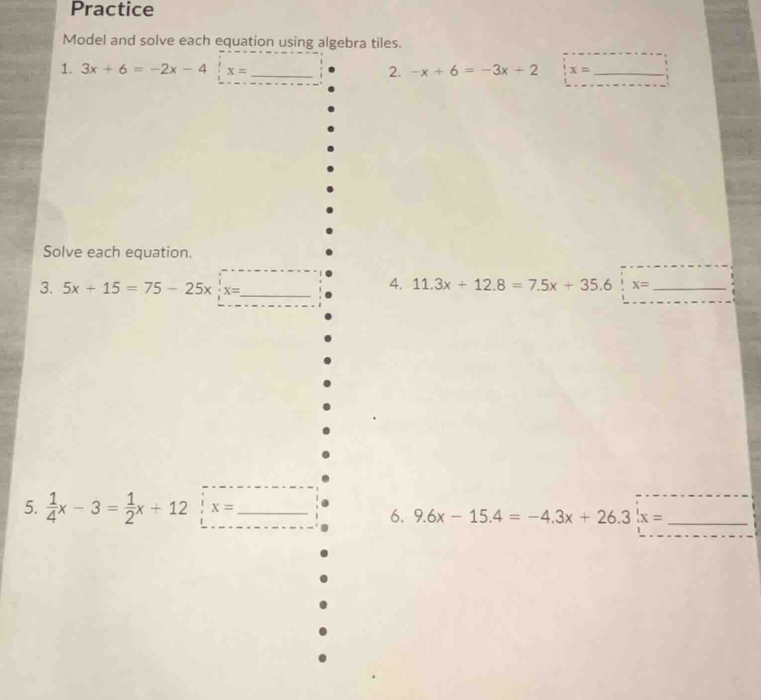practice model and solve each equation using algebra tiles. 1. $3x + 6 …