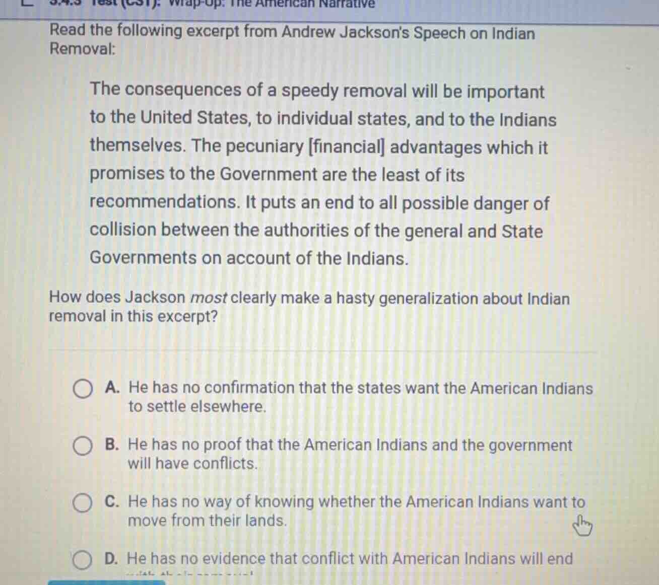 read the following excerpt from andrew jacksons speech on indian remova…