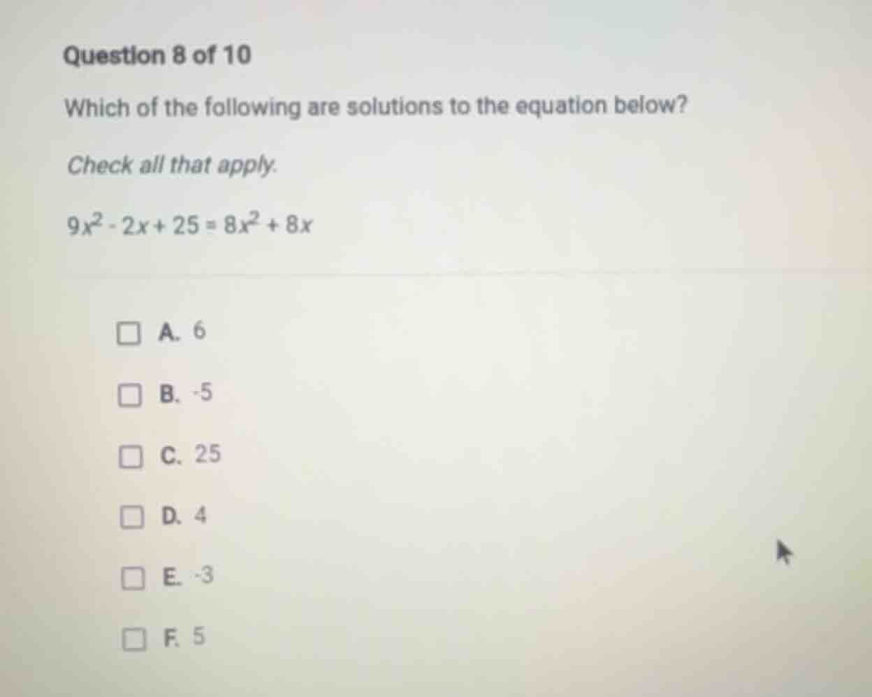 question 8 of 10 which of the following are solutions to the equation b…