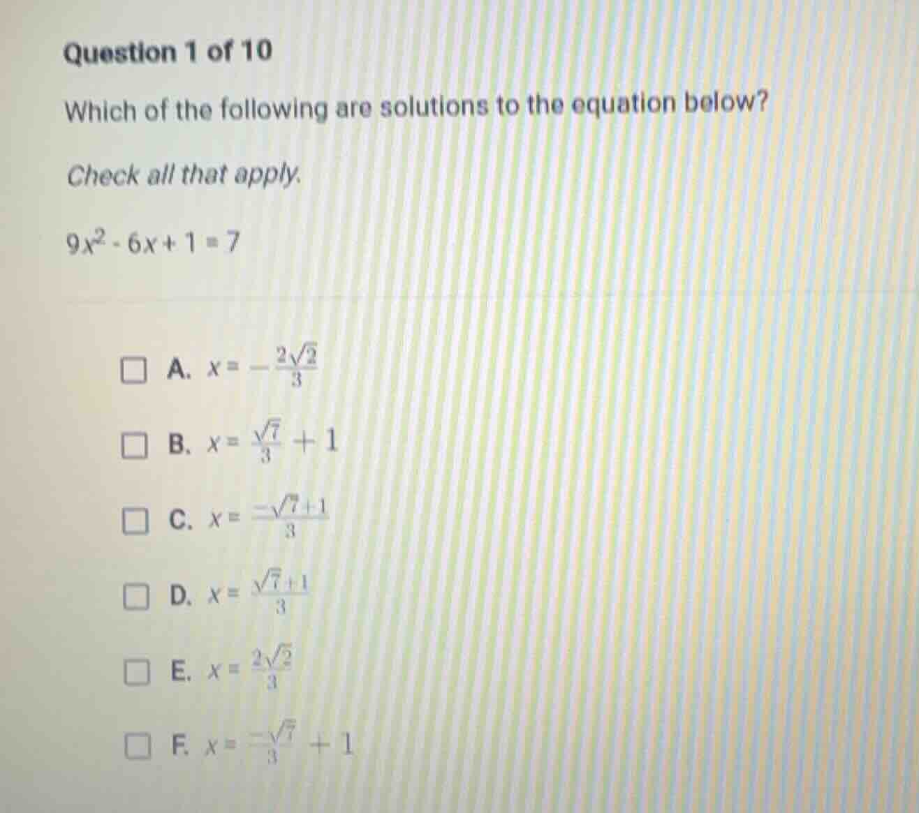 question 1 of 10 which of the following are solutions to the equation b…