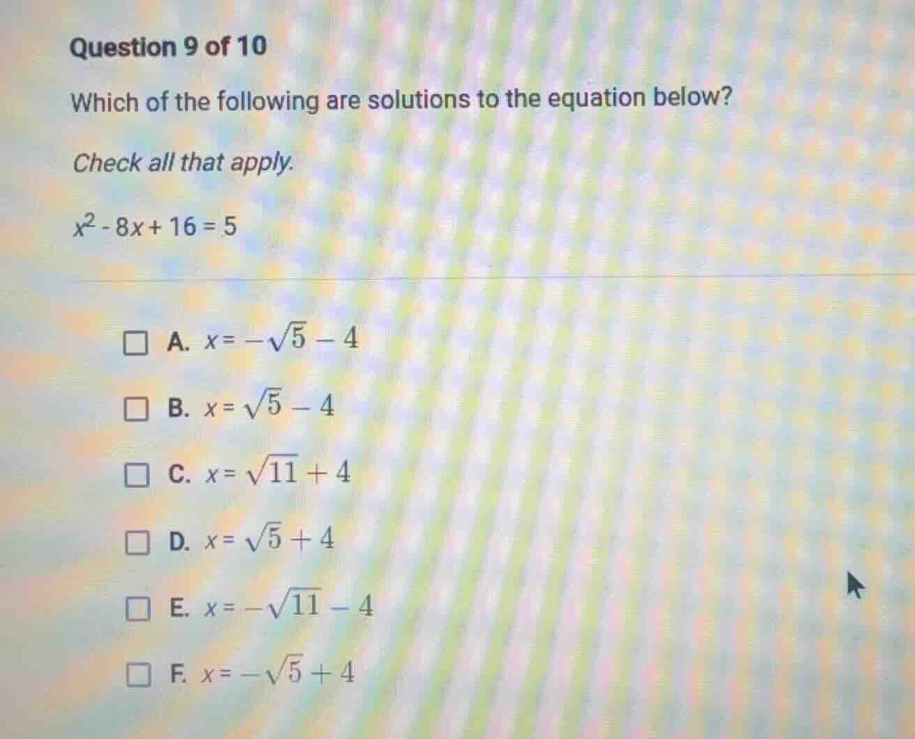 question 9 of 10 which of the following are solutions to the equation b…