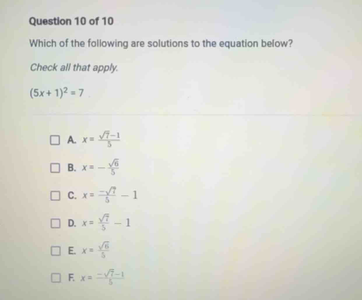 question 10 of 10 which of the following are solutions to the equation …